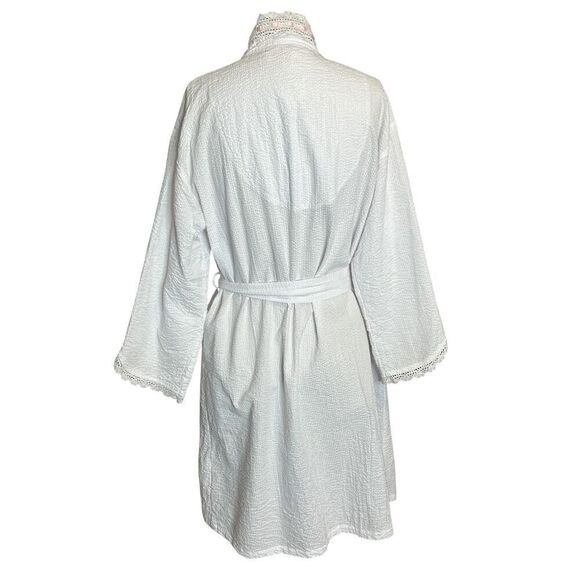 Eileen West Robe S/M White Seersucker Pink RibbonEyelet Lace Cottage Core Lounge - Picture 3 of 6